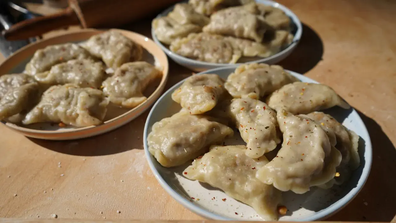 Trzy talerze pełne pysznych, domowych pierogów z soczewicą, posypanych przyprawami.