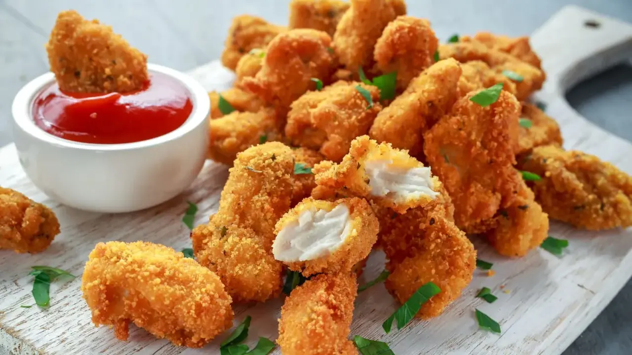Chrupiący kurczak w panko, idealny do maczania w keczupie. Soczyste kawałki mięsa w złocistej panierce.