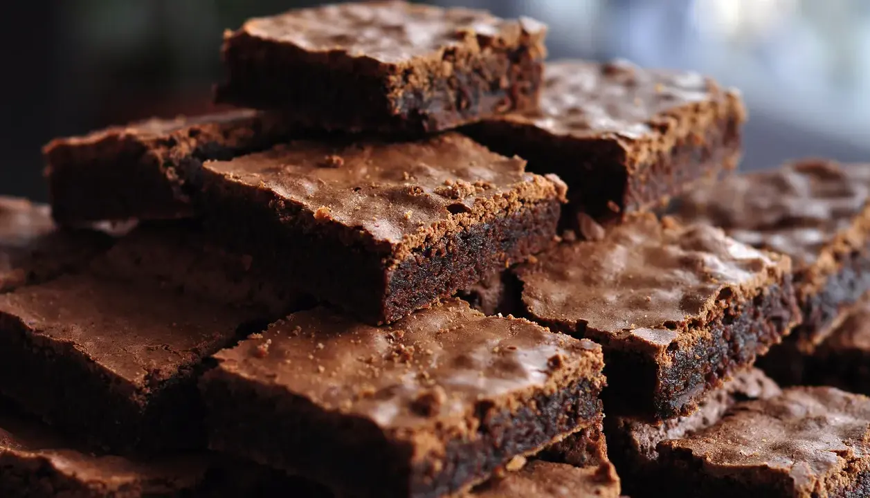 Stos pysznych, wilgotnych brownie z cukinii, idealnych na deser.