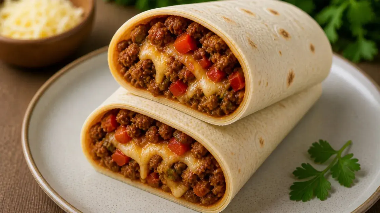 Pyszna tortilla z mięsem mielonym, roztopionym serem i kawałkami papryki, idealna na szybki posiłek.