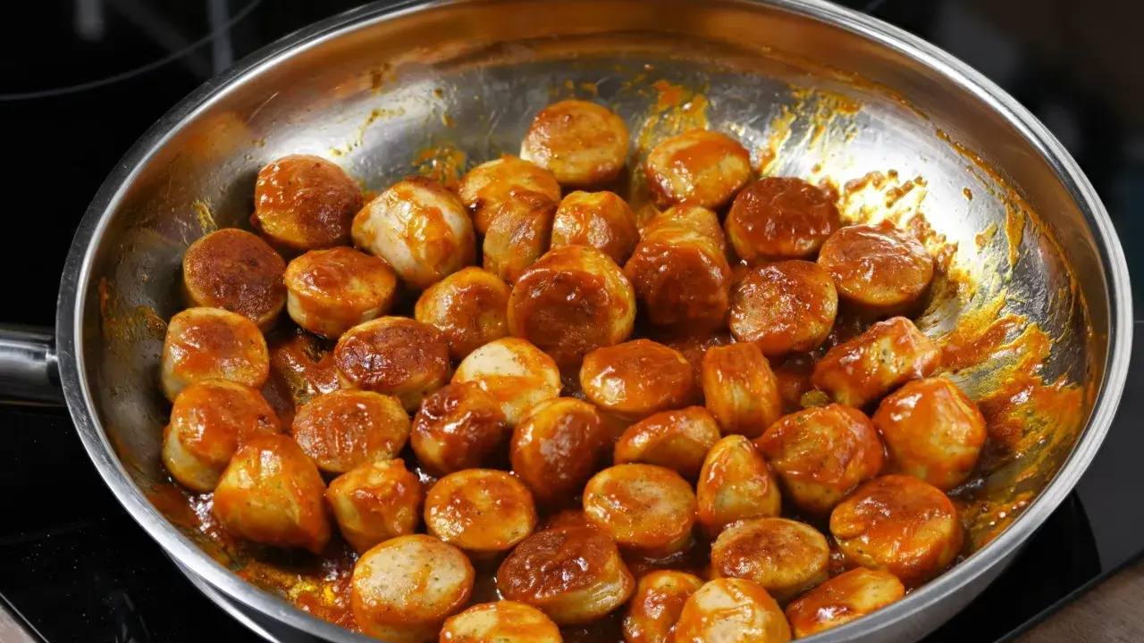 Kiełbasa z cebulą duszona na patelni w sosie. Aromatyczne kawałki mięsa w bogatym, pomarańczowym sosie.