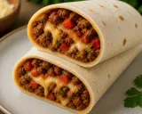 Pyszna tortilla z mięsem mielonym, roztopionym serem i kawałkami papryki, idealna na szybki posiłek.