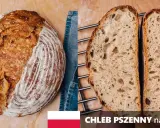 Chleb pszenny na zakwasie, z chrupiącą skórką i puszystym wnętrzem, gotowy do krojenia.