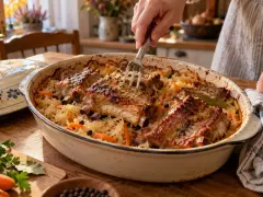 Pieczone żeberka na kiszonej kapuście w naczyniu żaroodpornym