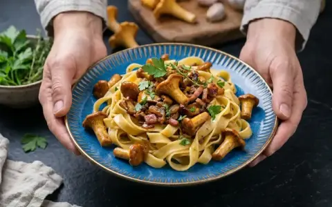 Pyszny makaron z kurkami, posypany natką pietruszki i kawałkami boczku. Danie prezentowane na niebieskim talerzu.