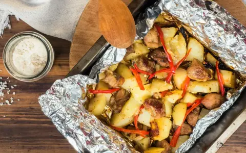 Pyszny obiad z piekarnika: pieczone ziemniaki z mięsem i papryczką chili, zawinięte w folię aluminiową.