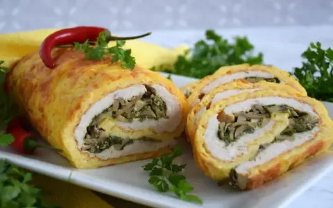 Pyszna rolada serowa z kurczakiem, nadziewana grzybami i szpinakiem, ozdobiona papryczką chili.