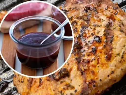 Soczysty schab z grilla, polany ciemnym sosem BBQ, czeka na podanie. Idealny na letnie spotkania.