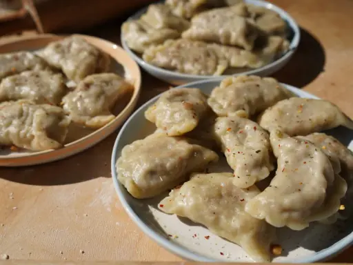Trzy talerze pełne pysznych, domowych pierogów z soczewicą, posypanych przyprawami.
