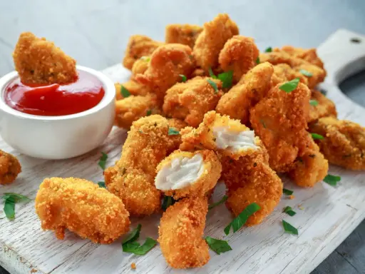 Chrupiący kurczak w panko, idealny do maczania w keczupie. Soczyste kawałki mięsa w złocistej panierce.