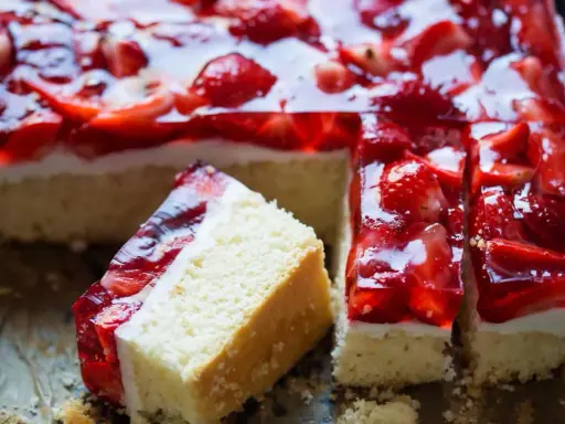 Pyszny biszkopt z galaretką i kremem budyniowym, ozdobiony świeżymi truskawkami. Idealny deser na letnie popołudnie.