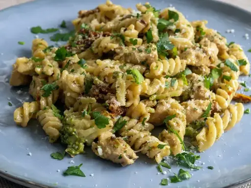 Pyszny makaron z brokułami, kurczakiem i suszonymi pomidorami, posypany parmezanem i natką pietruszki.