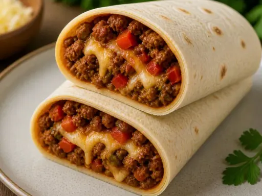 Pyszna tortilla z mięsem mielonym, roztopionym serem i kawałkami papryki, idealna na szybki posiłek.