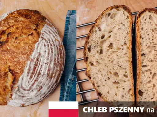 Chleb pszenny na zakwasie, z chrupiącą skórką i puszystym wnętrzem, gotowy do krojenia.