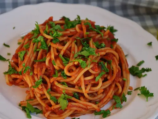 Pyszne spaghetti z sosem pomidorowym i natką pietruszki. Idealny przepis, jak zrobić spaghetti na obiad.