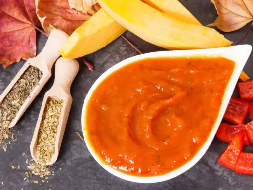 Pomarańczowy, gęsty ketchup z dyni w białej miseczce, obok drewniane łyżeczki z ziołami, kawałki papryki i jesienne liście.