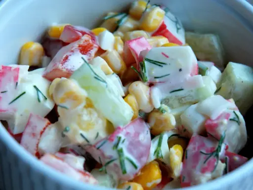 Pyszna sałatka z surimi, kukurydzy, ogórka i papryki, polana kremowym sosem i posypana koperkiem.