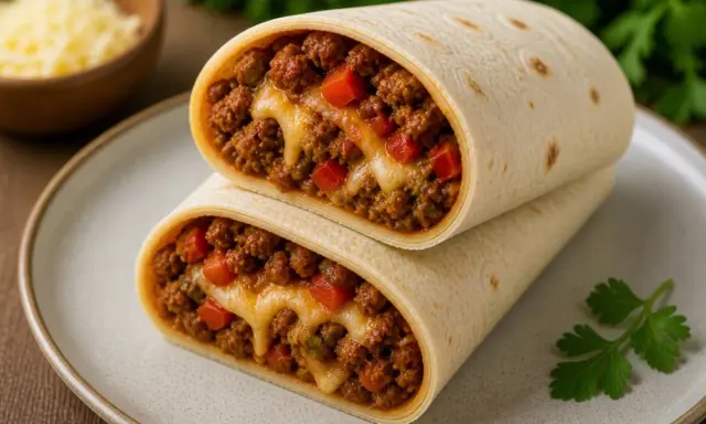 Pyszna tortilla z mięsem mielonym, roztopionym serem i kawałkami papryki, idealna na szybki posiłek.