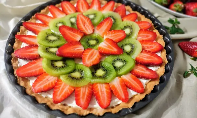 Kolorowa tarta z owocami: plasterki kiwi i truskawek ułożone na kremowym nadzieniu.