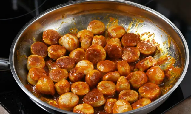 Kiełbasa z cebulą duszona na patelni w sosie. Aromatyczne kawałki mięsa w bogatym, pomarańczowym sosie.