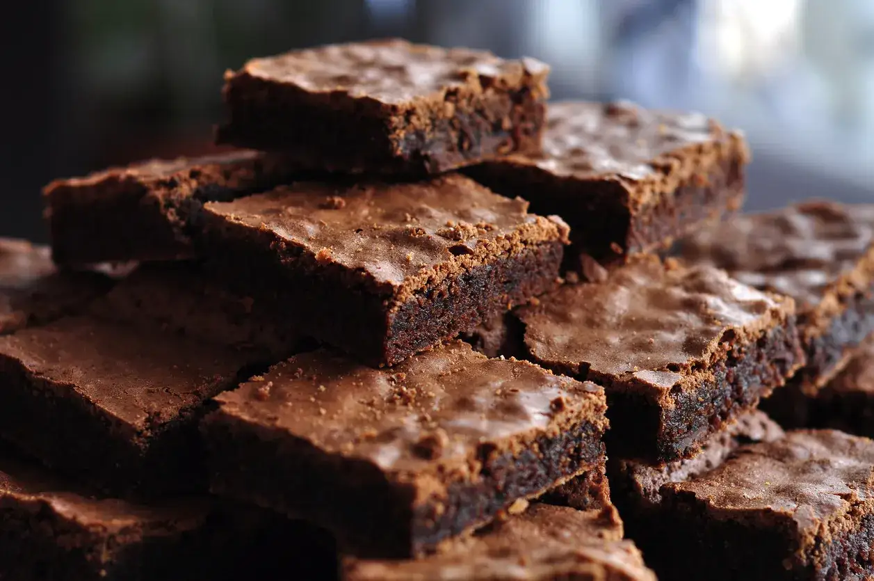 Stos pysznych, wilgotnych brownie z cukinii, idealnych na deser.