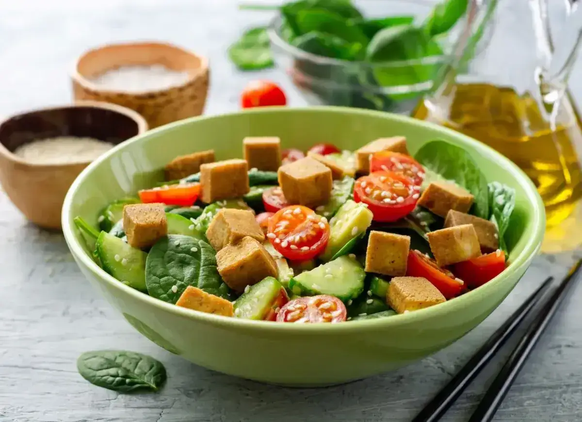 Kolorowa sałatka z chrupiącym tofu, pomidorkami koktajlowymi i og&oacute;rkiem na świeżym szpinaku.
