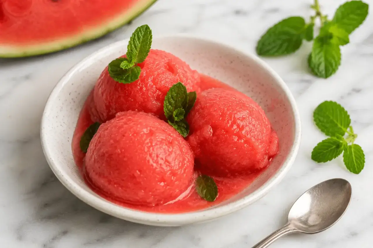 Orzeźwiający sorbet z arbuza w miseczce, udekorowany listkami mięty. Obok leży łyżeczka, a w tle widać kawałek arbuza.