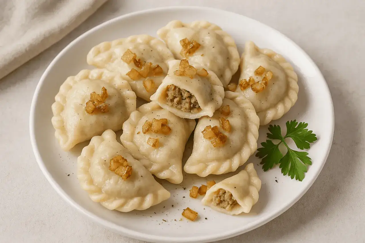 Pyszne pierogi z mięsem z rosołu, posypane skwarkami i świeżą natką pietruszki, kuszą swoim domowym smakiem.